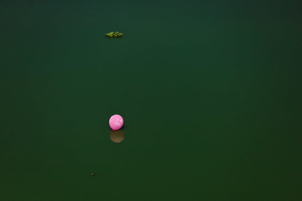 A solitary pink balloon drifts on green water, creating a serene and minimalistic scene.